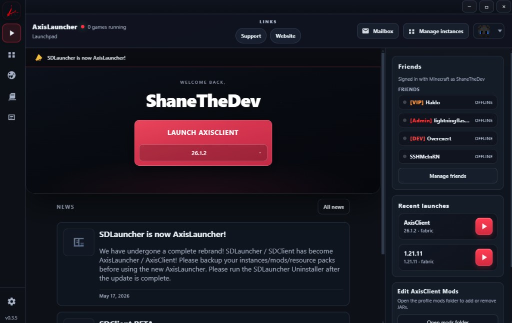AxisLauncher launchpad with AxisClient play button, friends, recent launches, and news.